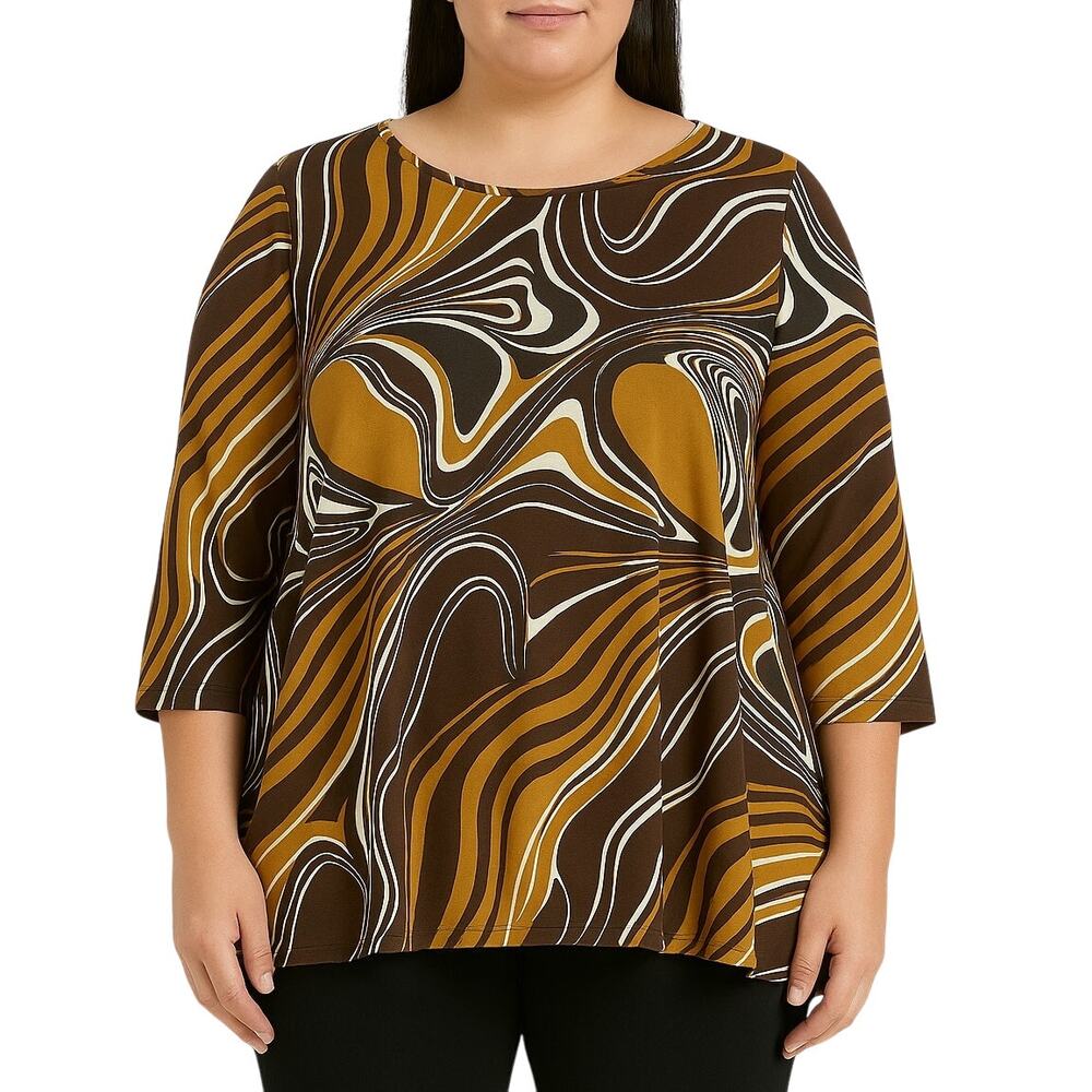 Sara Morgan 1990s Vintage Brown & White Retro Swirly Casual Top XL Phoebe Buffay